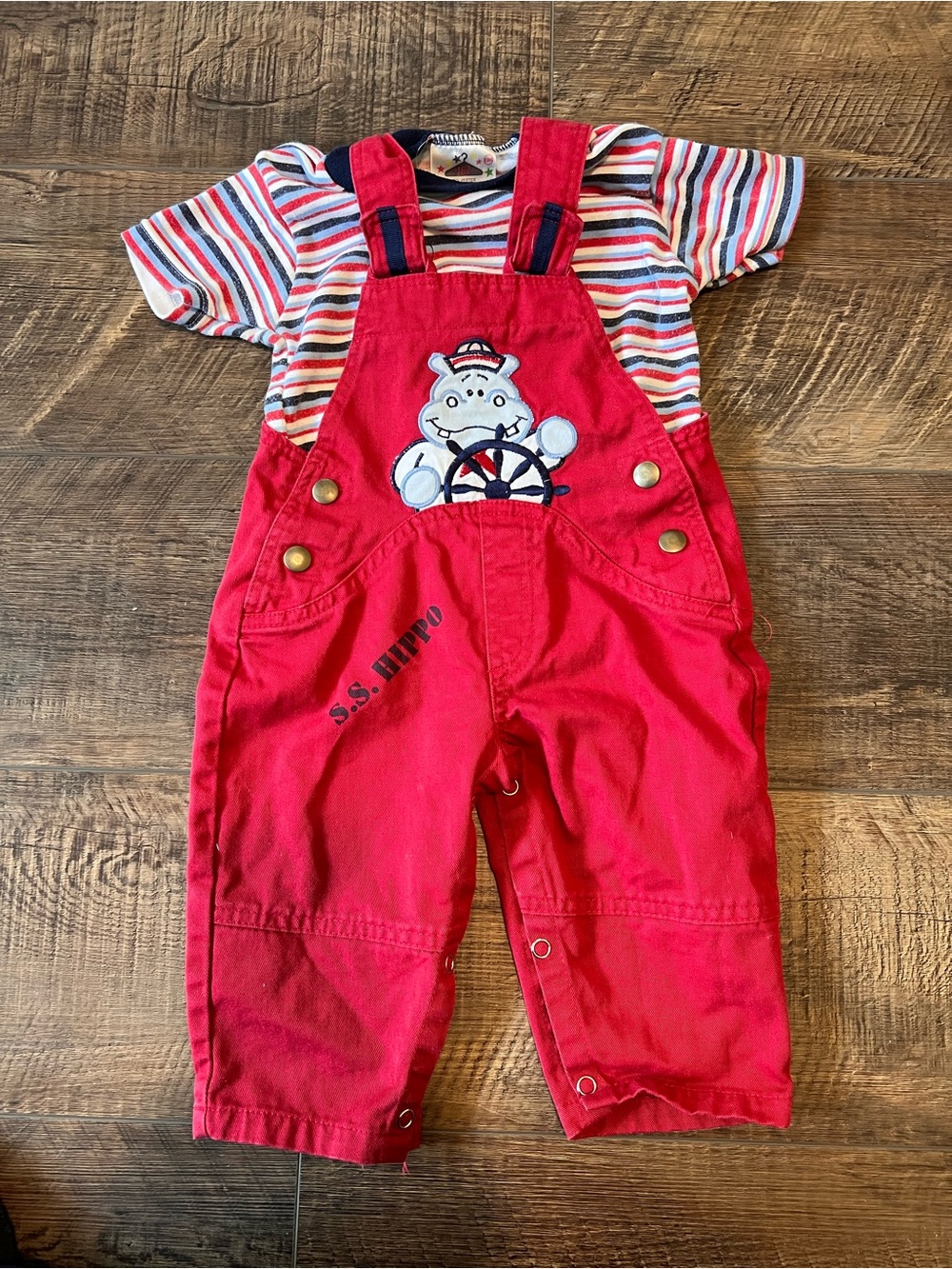 Vintage Red Hippo Appliqué Overalls with Striped Tee - Kids